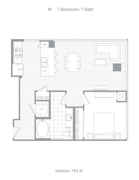 Floor plan for 1 bed, 1 bath, 793 sqft
